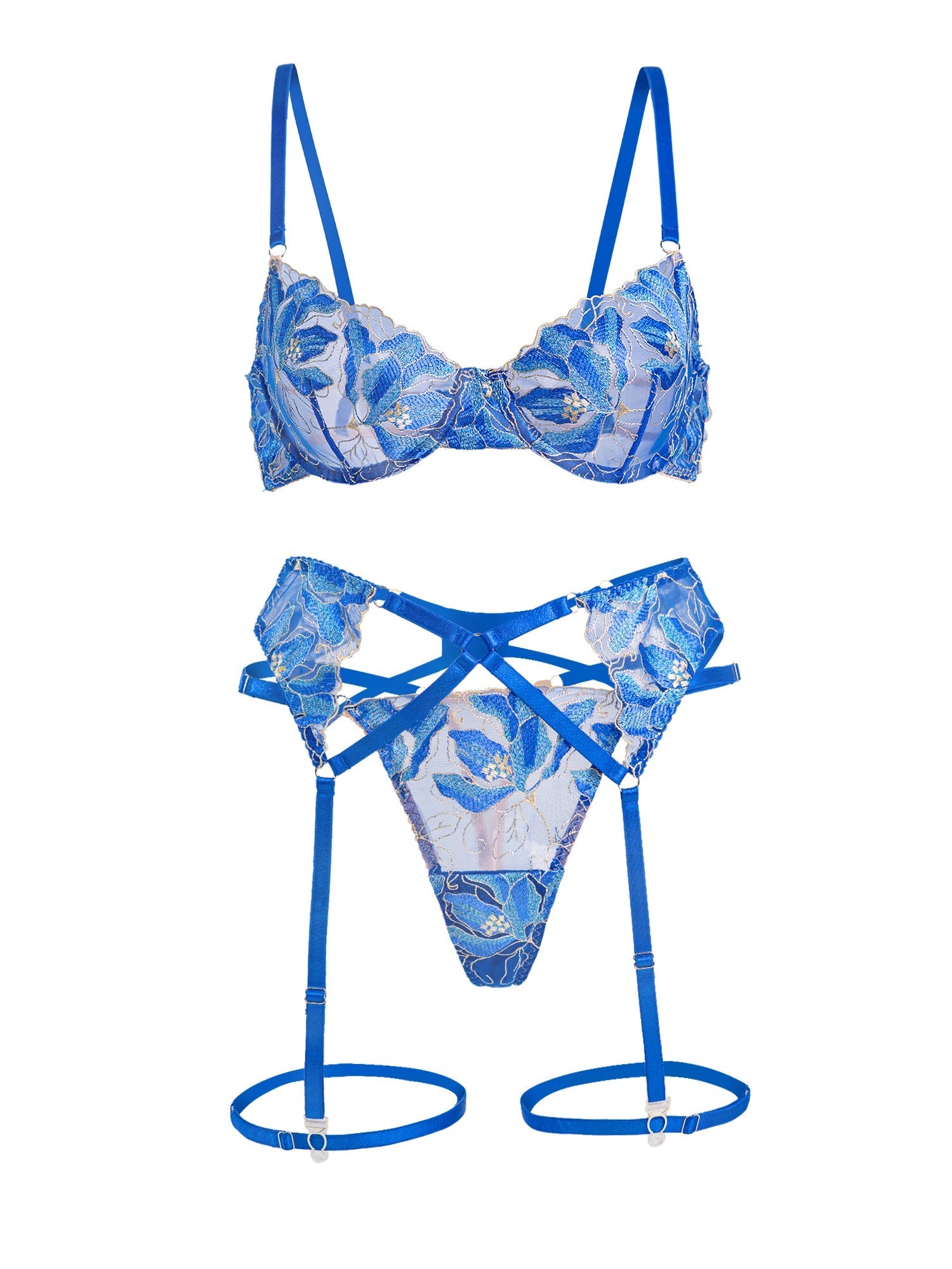 Floral Embroidery Lingerie Set With Lace Bra Thong Garter Hello.LA.Girl